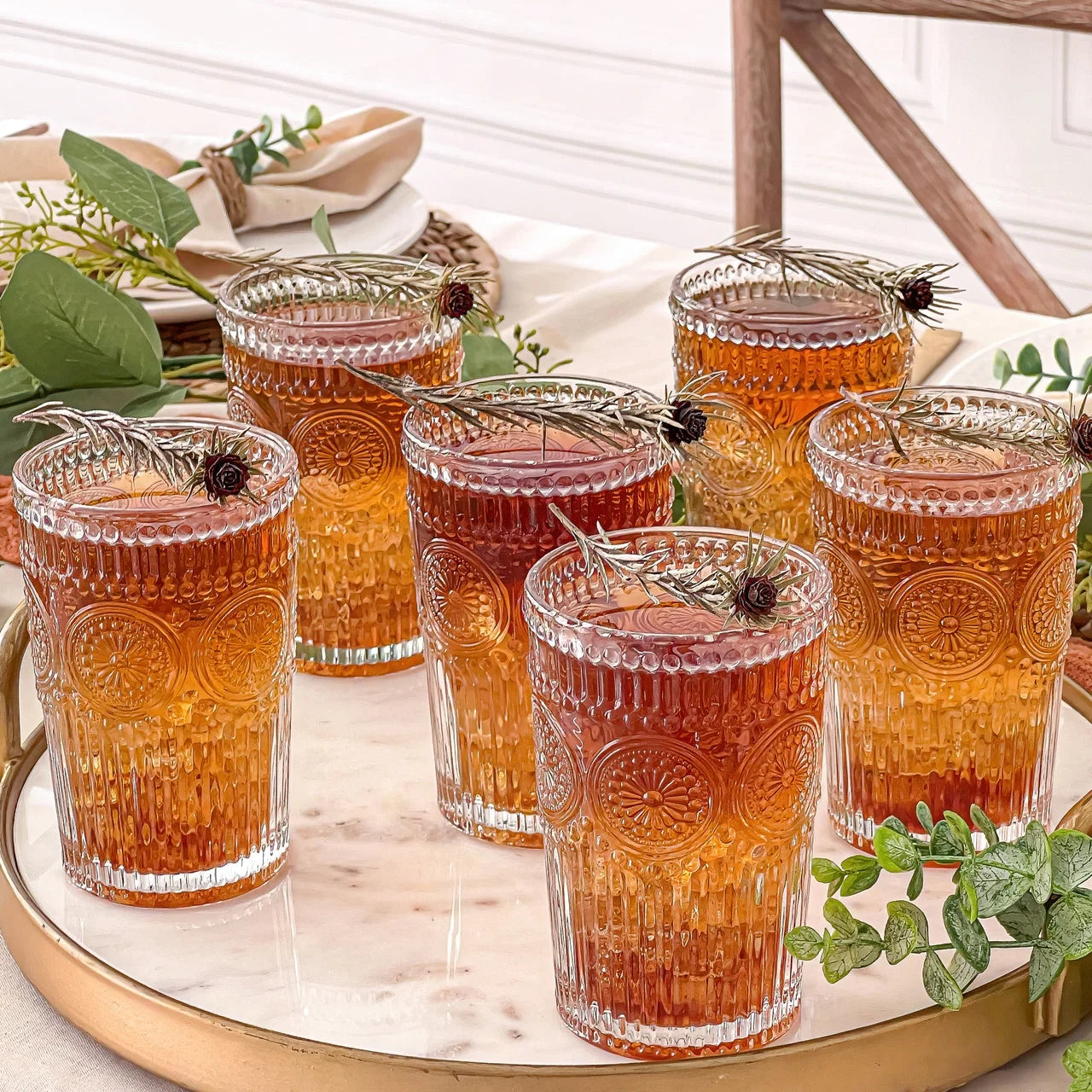 Vintage Textured Amber Striped Drinking Glasses Set of 24, (13 oz) Ribbed Glassware with Flower Design | Cocktail Set, Juice Glass, Water Tumbler