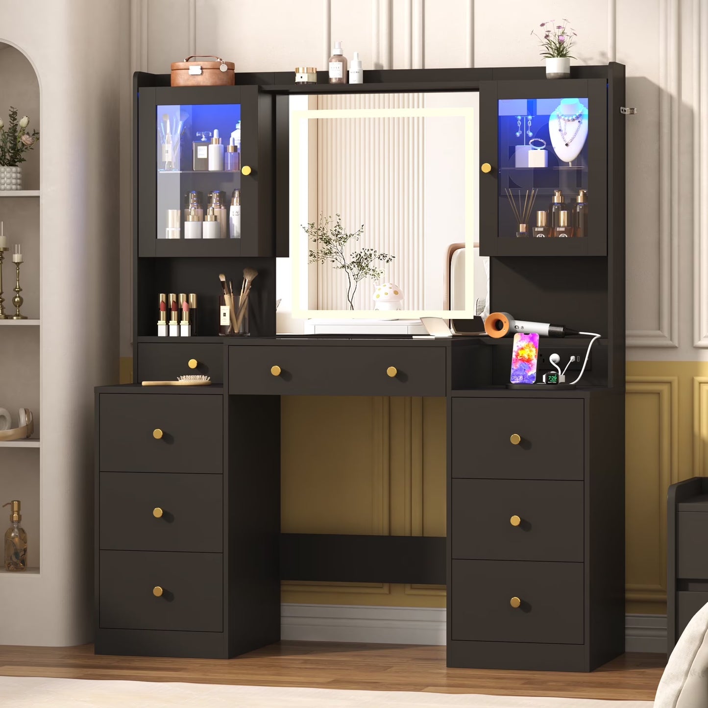 ChVans 62'' Large Vanity Desk with Tempered Glass Top, 60000-color LED Lights, Charging Station, White Makeup Vanity with 3 Lights Mode LED Mirror, 9 Drawers, 2 RGB cabinets for Women, Girls Gift