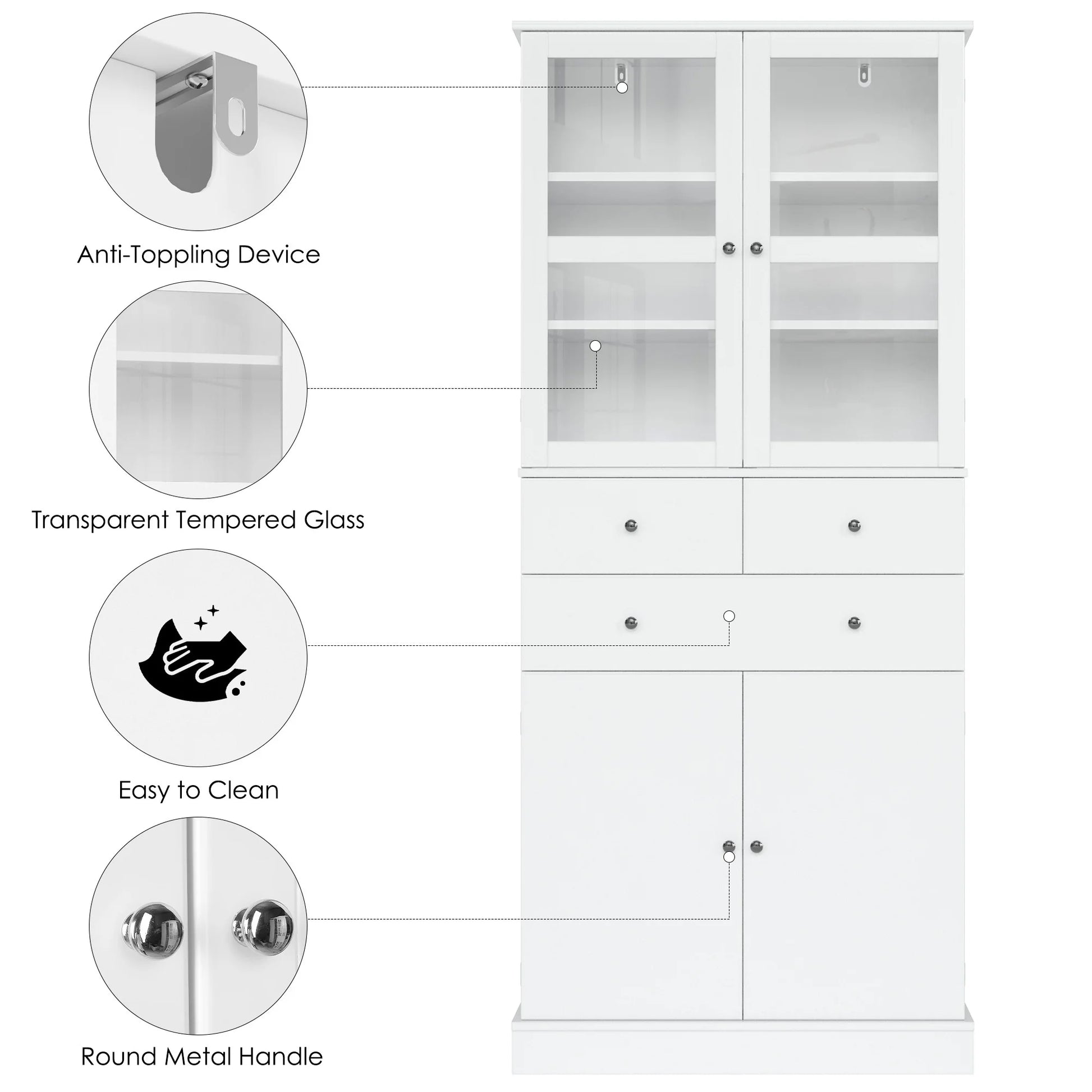 Homfa 71'' Kitchen Pantry with 5-Tier Shelves & 3 Drawers, Floor Cabinet Storage Cupboard With Display Glass Doors for Dining Room, White