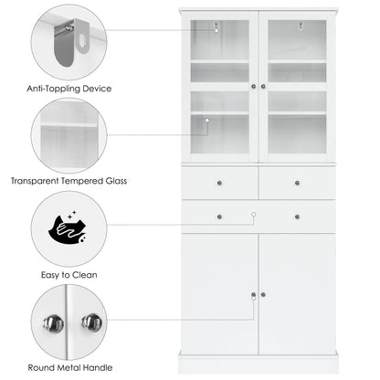 Homfa 71'' Kitchen Pantry with 5-Tier Shelves & 3 Drawers, Floor Cabinet Storage Cupboard With Display Glass Doors for Dining Room, White
