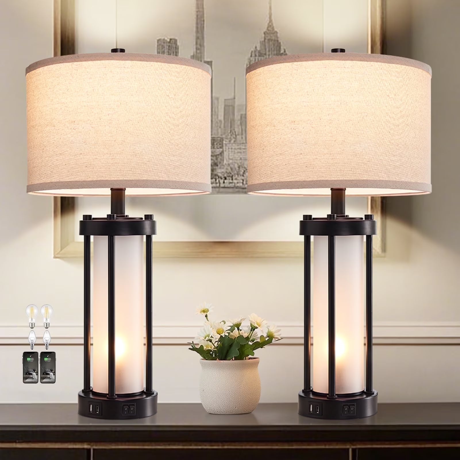 RORIA 24° F Modern Living Room Table Lamp 2-Piece Set with 2 USB Charging Ports, Built-in White Frosted Glass with Night Light, Black Vintage Rustic Farmhouse Lamp for Bedroom Nightstand Lamps