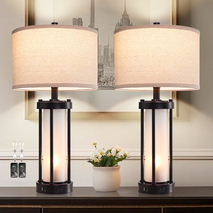 RORIA 24° F Modern Living Room Table Lamp 2-Piece Set with 2 USB Charging Ports, Built-in White Frosted Glass with Night Light, Black Vintage Rustic Farmhouse Lamp for Bedroom Nightstand Lamps