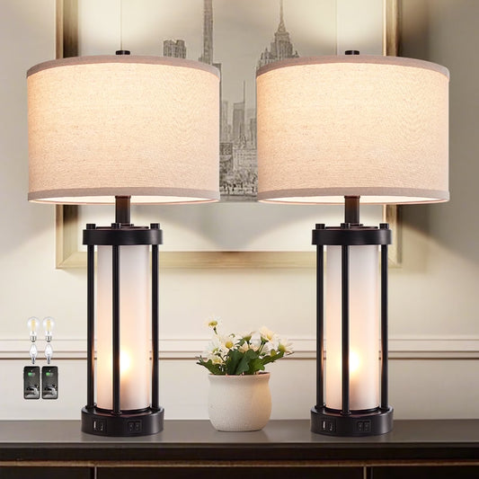 RORIA 24° F Modern Living Room Table Lamp 2-Piece Set with 2 USB Charging Ports, Built-in White Frosted Glass with Night Light, Black Vintage Rustic Farmhouse Lamp for Bedroom Nightstand Lamps