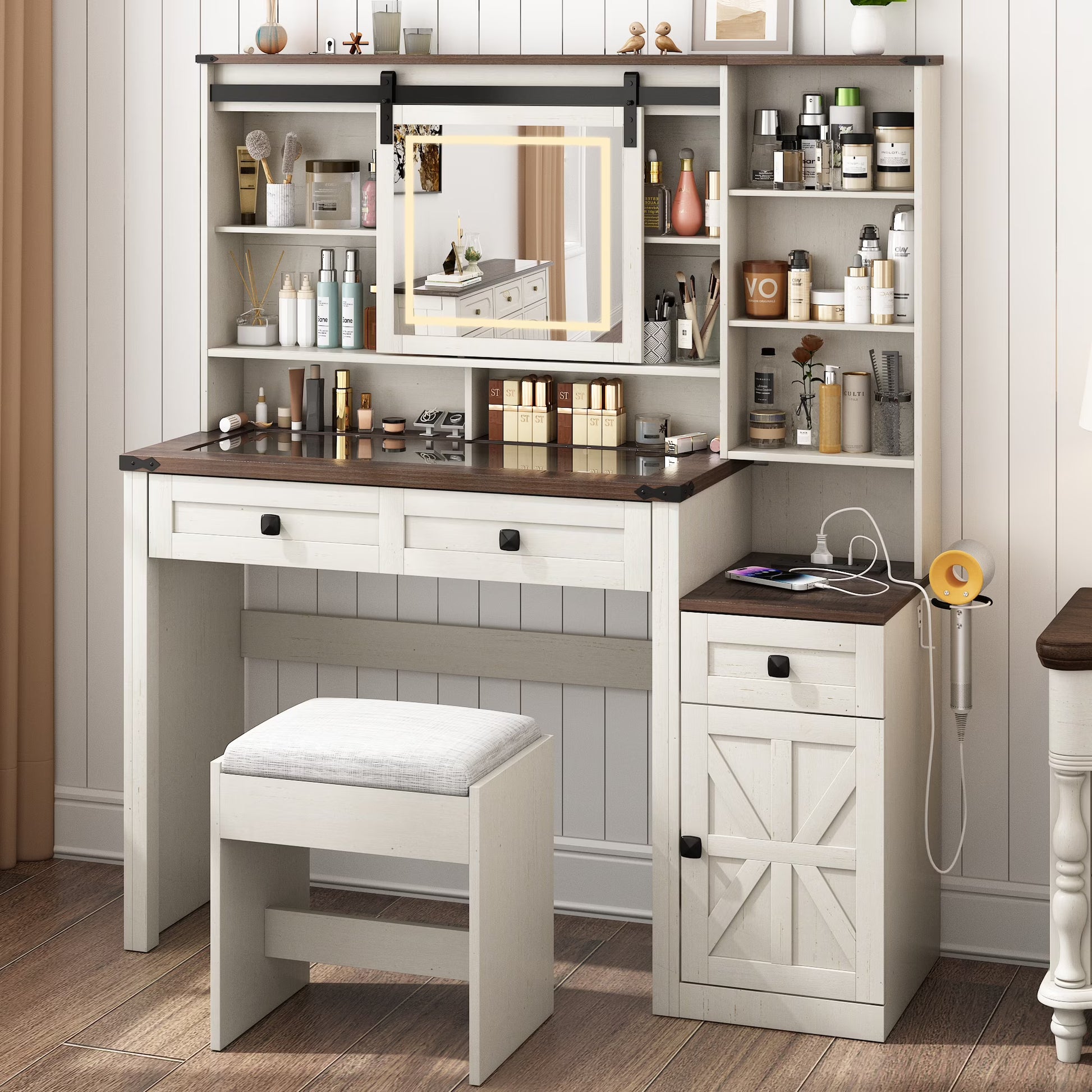 Blotout 47.2" Farmhouse Rustic Makeup Vanity Desk with Sliding Mirror and Lights, Glass Top Vanity Set with Charging Station & 3 Drawers & 1 Cabinet & Stool, Big Vanity (White)