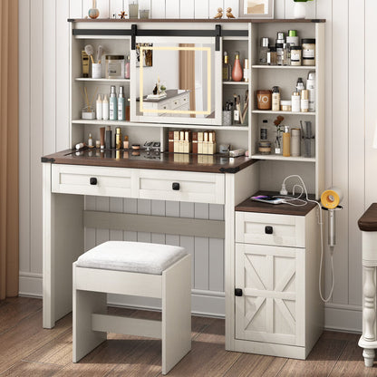 Blotout 47.2" Farmhouse Rustic Makeup Vanity Desk with Sliding Mirror and Lights, Glass Top Vanity Set with Charging Station & 3 Drawers & 1 Cabinet & Stool, Big Vanity (White)