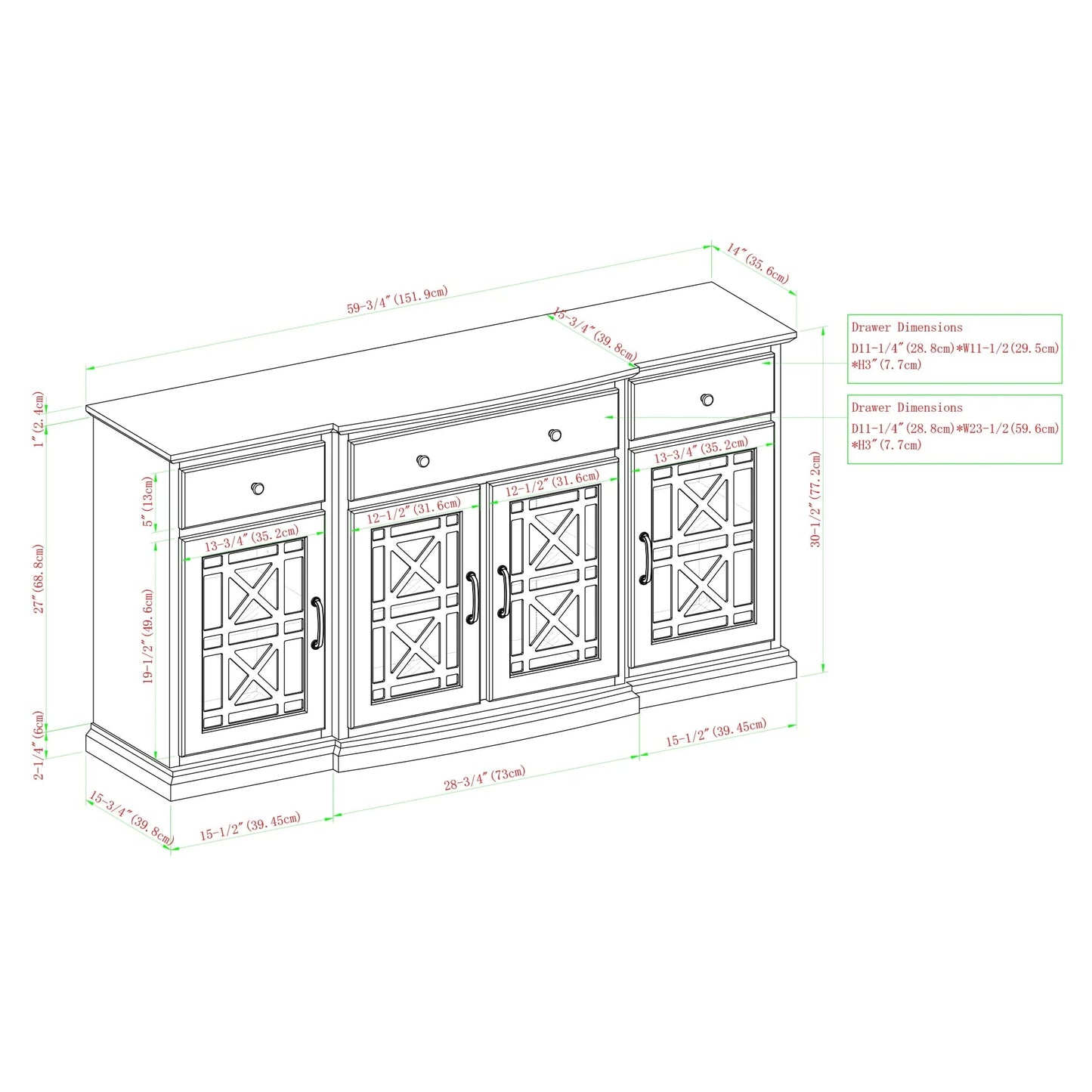 Walker Edison Classic Tiered-Front Trellis Glass Door Sideboard/TV Stand for TVs up to 65", Dark Teal
