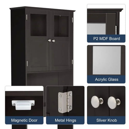 VINGLI Brown Over The Toilet Storage Cabinet, Adjustable Shelf, Double Acrylic Glass Doors