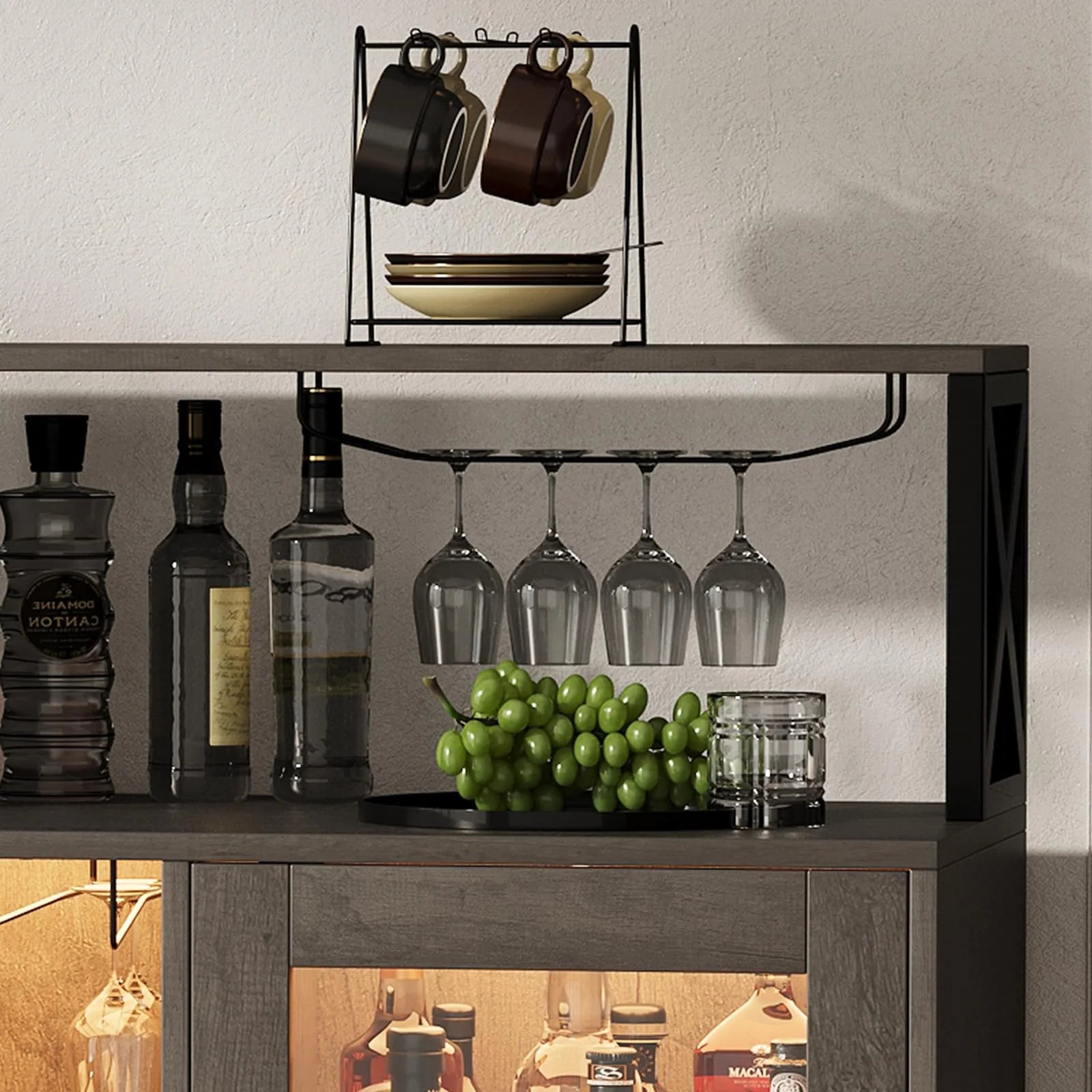 Bar Cabinet with Storage Shelves, Coffee Bar Cabinet with LED Lights, Liquor Cabinet with Wine Rack and Glass Goblet Holder, Kitchen Sideboard Buffet Cabinet for Home, Kitchen, Dining Room
