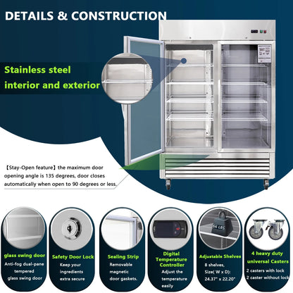 54"W Commercial Refrigerator 2 Glass Door Stainless Steel Interior and Exterior Construction Display Refrigerator 42.2 Cu.ft. Reach-in Merchandising Refrigerator Upright Fan Cooling Merchandiser
