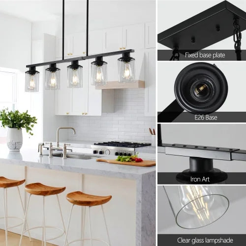 ACE-LIGHTS,Modern Industrial 5-Light Chandelier with Clear Glass Shades(Bulbs Not Included),Hanging Ceiling Light Fixture for Living Room,Dining Room,Kitchen Island(Black)