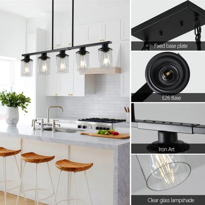 ACE-LIGHTS,Modern Industrial 5-Light Chandelier with Clear Glass Shades(Bulbs Not Included),Hanging Ceiling Light Fixture for Living Room,Dining Room,Kitchen Island(Black)