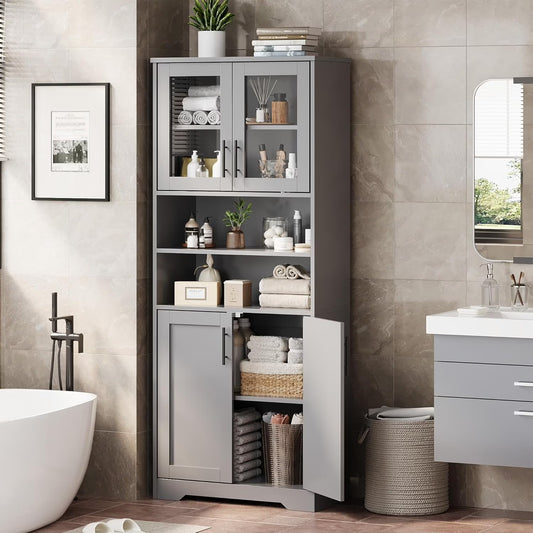 Studyset Tall Bathroom Cabinet, Freestanding Bathroom Storage Cabinet with Glass Doors and Adjustable Shelves, 67" Cupboard Modern Storage Cabinet for Kitchen, Pantry, Living Room