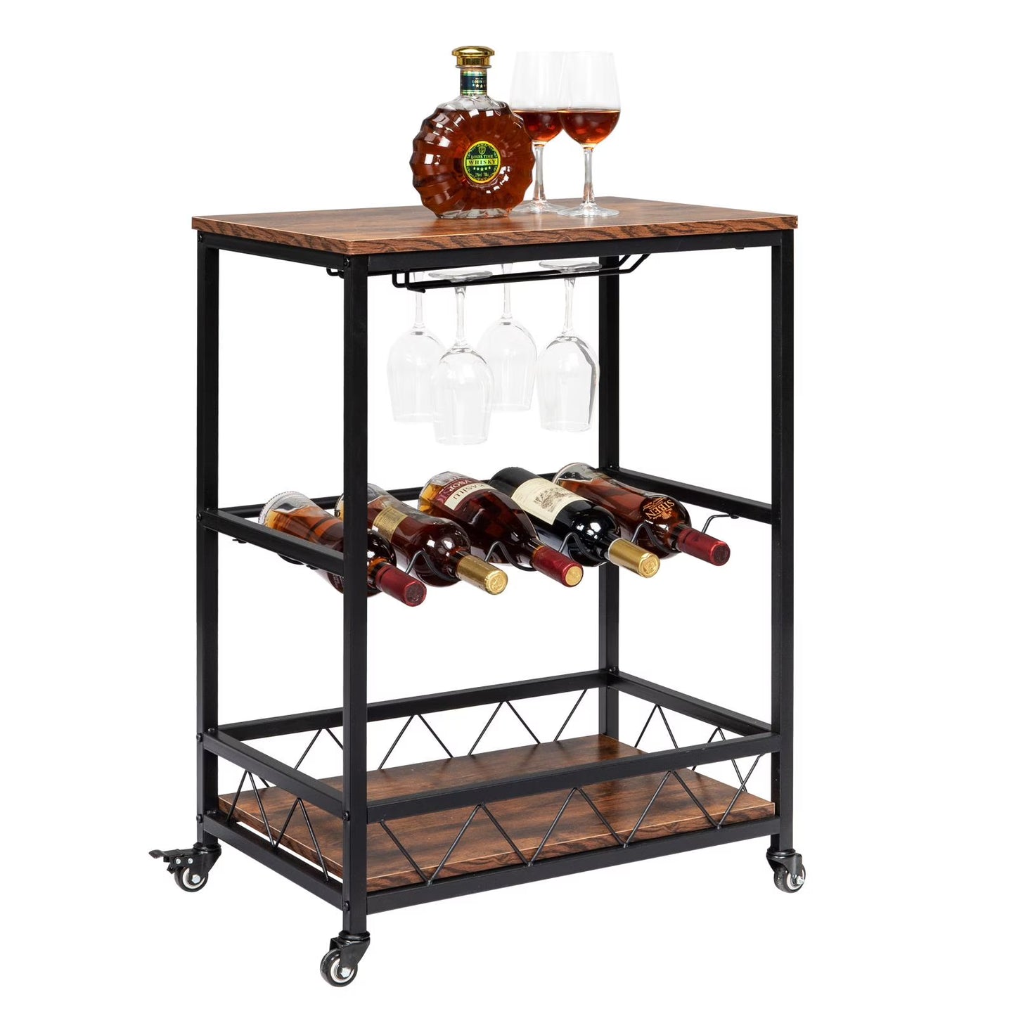 Ktaxon 3 Tier Kitchen Trolley Bar Carts for Home Bar Serving Cart w/Wine Rack & Glass Holder, Wheels, Vintage Brown