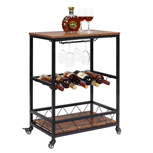 Ktaxon 3 Tier Kitchen Trolley Bar Carts for Home Bar Serving Cart w/Wine Rack & Glass Holder, Wheels, Vintage Brown