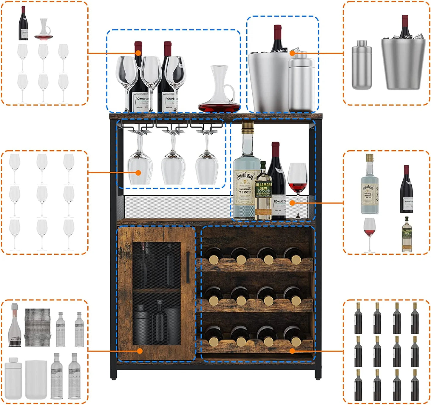 Litake Wine Bar Rack Cabinet with Detachable Wine Rack, Bar Cabinet with Glass Holder, Small Sideboard and Buffet Cabinet with Mesh Door, Rustic Brown