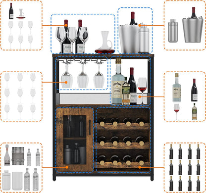 Litake Wine Bar Rack Cabinet with Detachable Wine Rack, Bar Cabinet with Glass Holder, Small Sideboard and Buffet Cabinet with Mesh Door, Rustic Brown