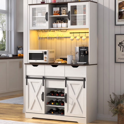 72" Tall Kitchen Pantry with LED Light & Power Outlet & Wine Rack, Large Pantry Hutch Cabinet with Sliding Barn Door & Glass Doors & 4 Drawers