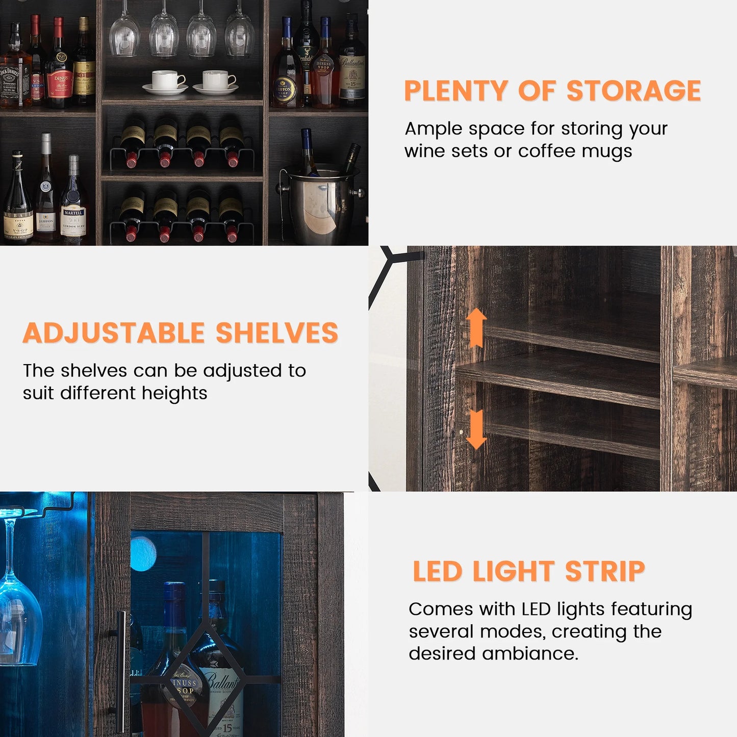 Faitaliicy Wine Bar Cabinet With Led Light Wine And Glass Rack Kitchen Buffet Sideboard Industry Coffee Bar Cabinet Freestanding Liquor Cabinet For Kitchen Dining Room Living Room