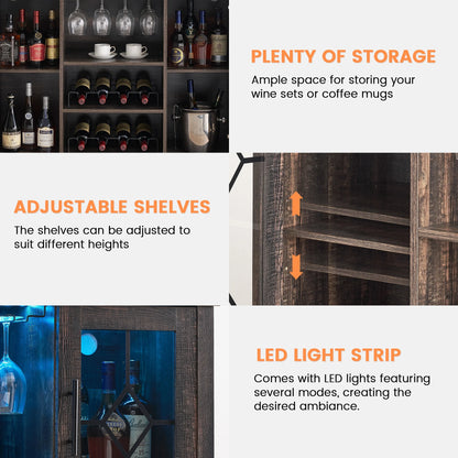 Faitaliicy Wine Bar Cabinet With Led Light Wine And Glass Rack Kitchen Buffet Sideboard Industry Coffee Bar Cabinet Freestanding Liquor Cabinet For Kitchen Dining Room Living Room