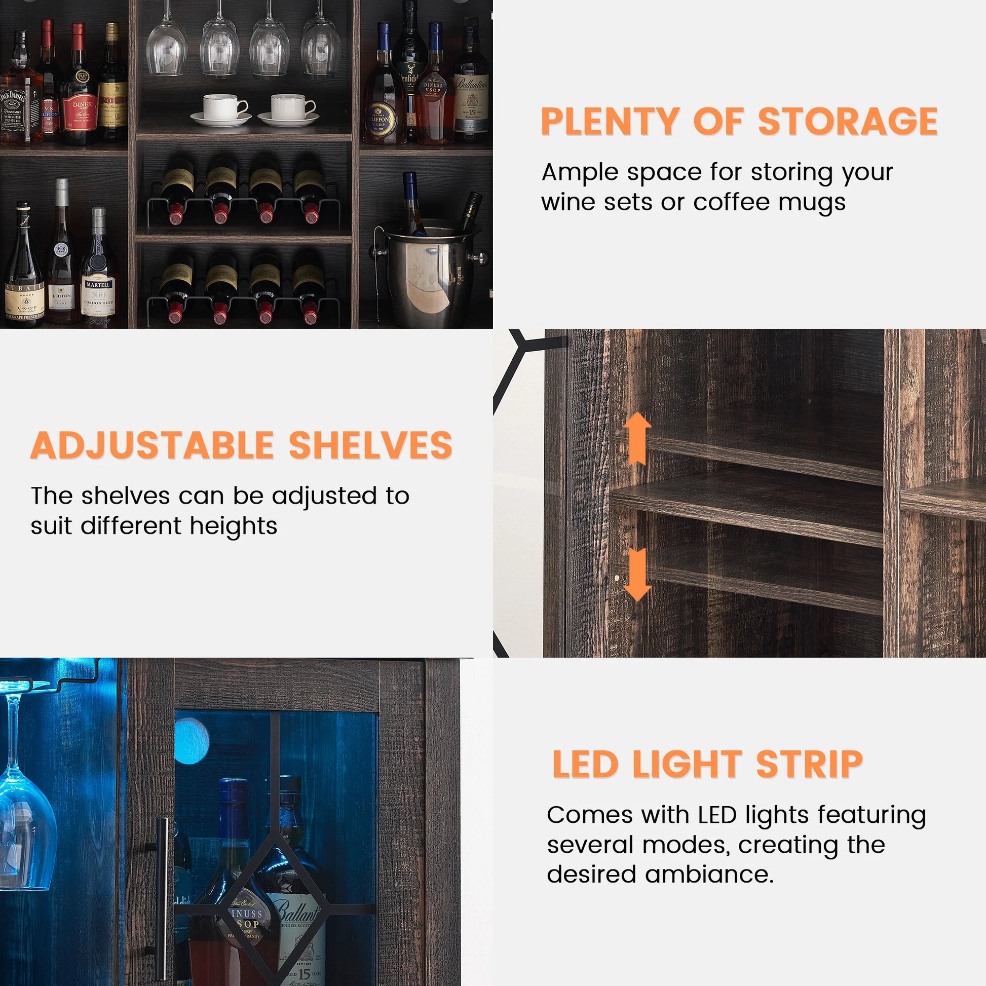 Huloretions Wine Bar Cabinet with LED Light,Modern Liquor Cabinet,Kitchen Buffet Sideboard with Storage Cabinet& Drawers,Coffee Cabinet with Wine and Glass Rack for Home
