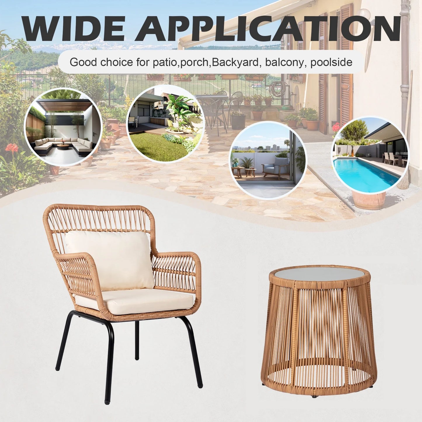 Tappio 3-Piece Patio Conversation Bistro Set Rattan Furniture, Outdoor Patio Set w/Glass Top Table & Cushions for Garden Balcony Backyard Poolside, Yellow/Beige
