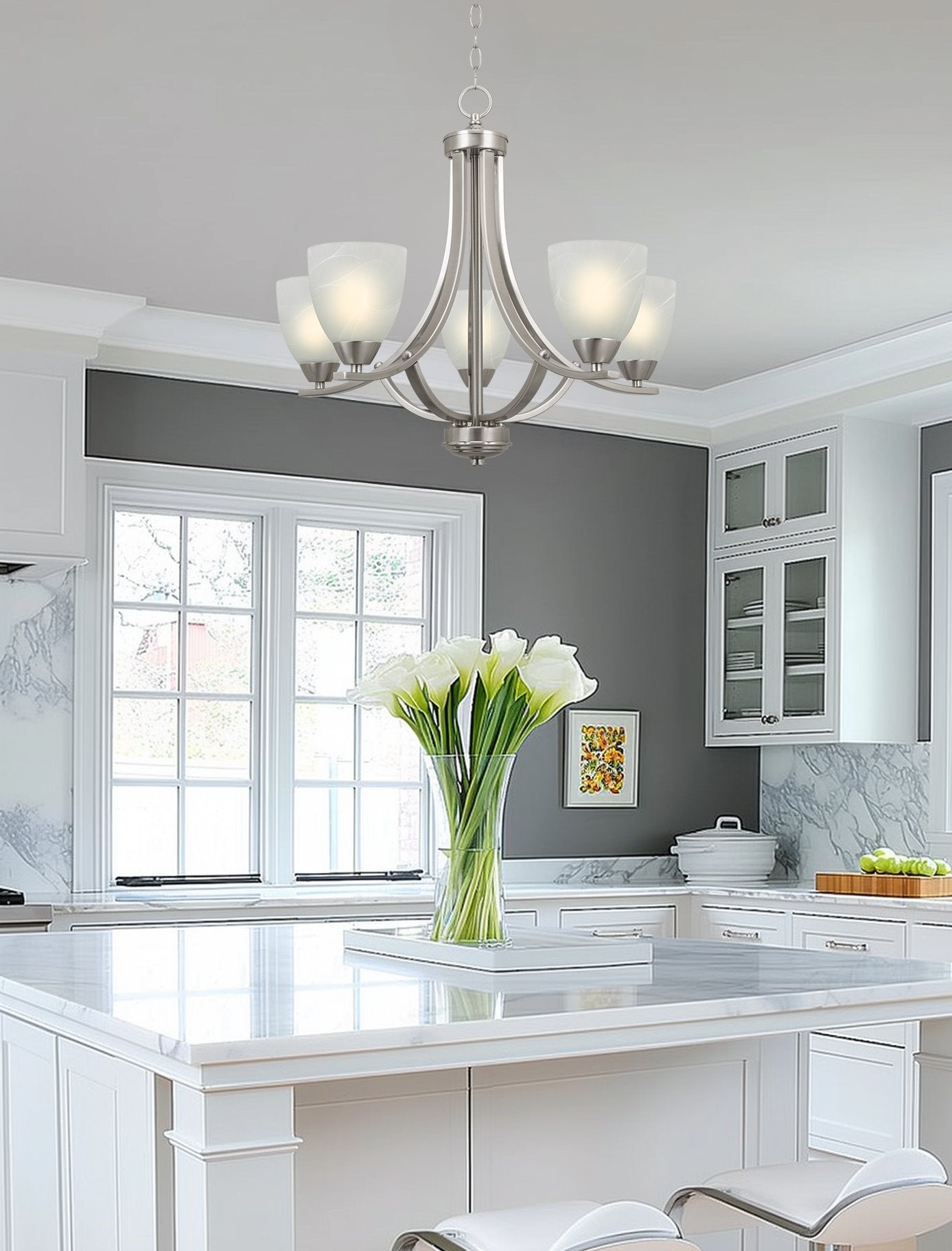 Kira Home Weston 24" 5-Light Hanging Chandelier + Alabaster Glass Shades, Adjustable Chain, Brushed Nickel