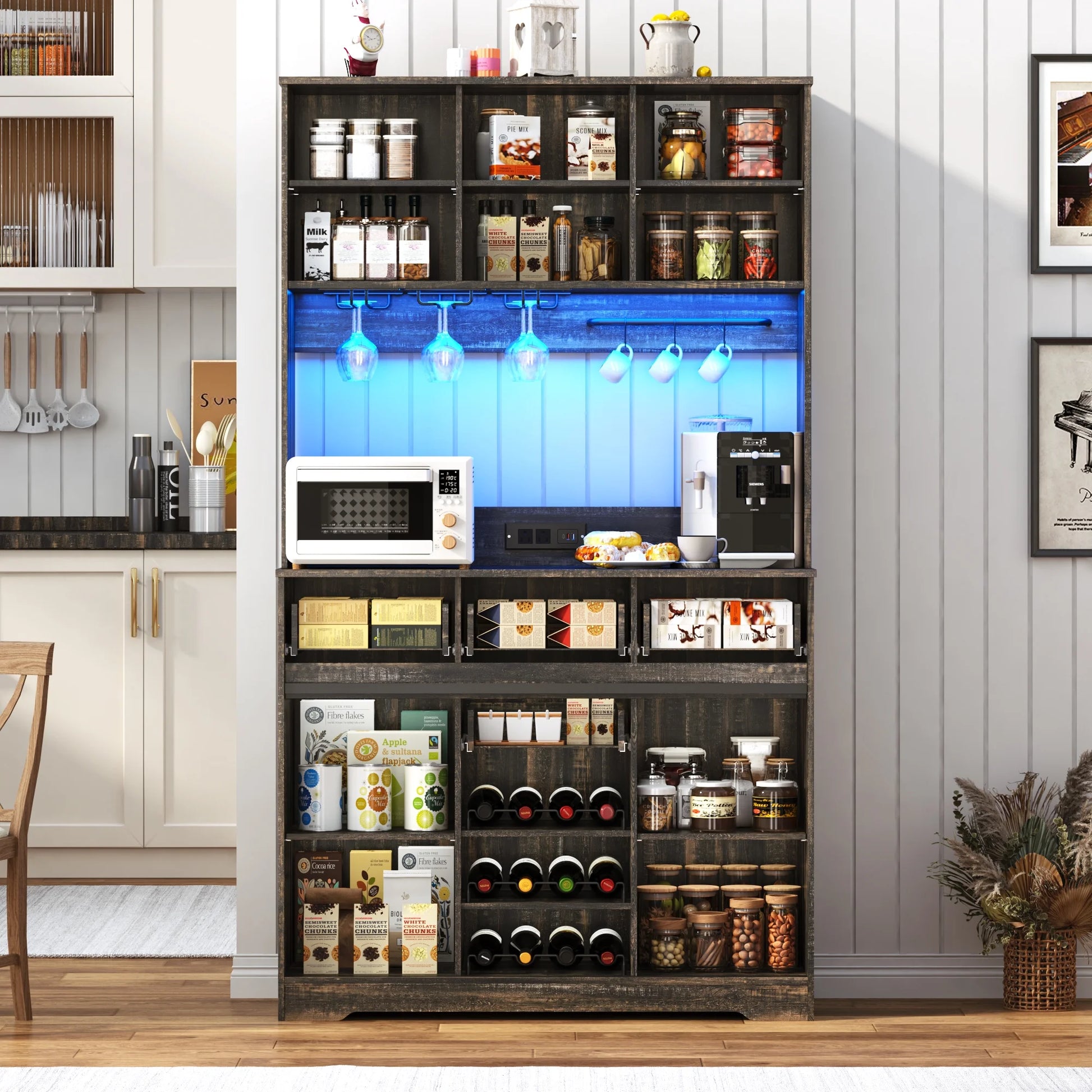 72" Tall Kitchen Pantry with LED Light & Power Outlet & Wine Rack, Large Pantry Hutch Cabinet with Sliding Barn Door & Glass Doors & 4 Drawers