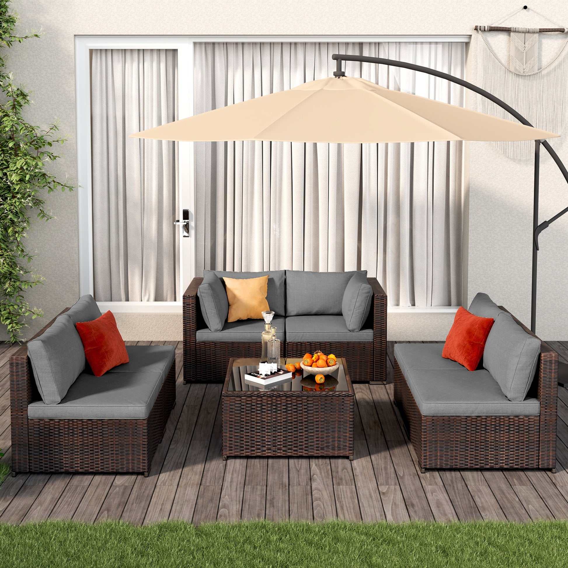 Patio Furniture Set on Sale, 7-Piece Wicker Sectional Outdoor Sofa Set with Glass Table & Water-Resistant Cushions, All-Weather PE Rattan for Backyard, Poolside, Garden (Gray)