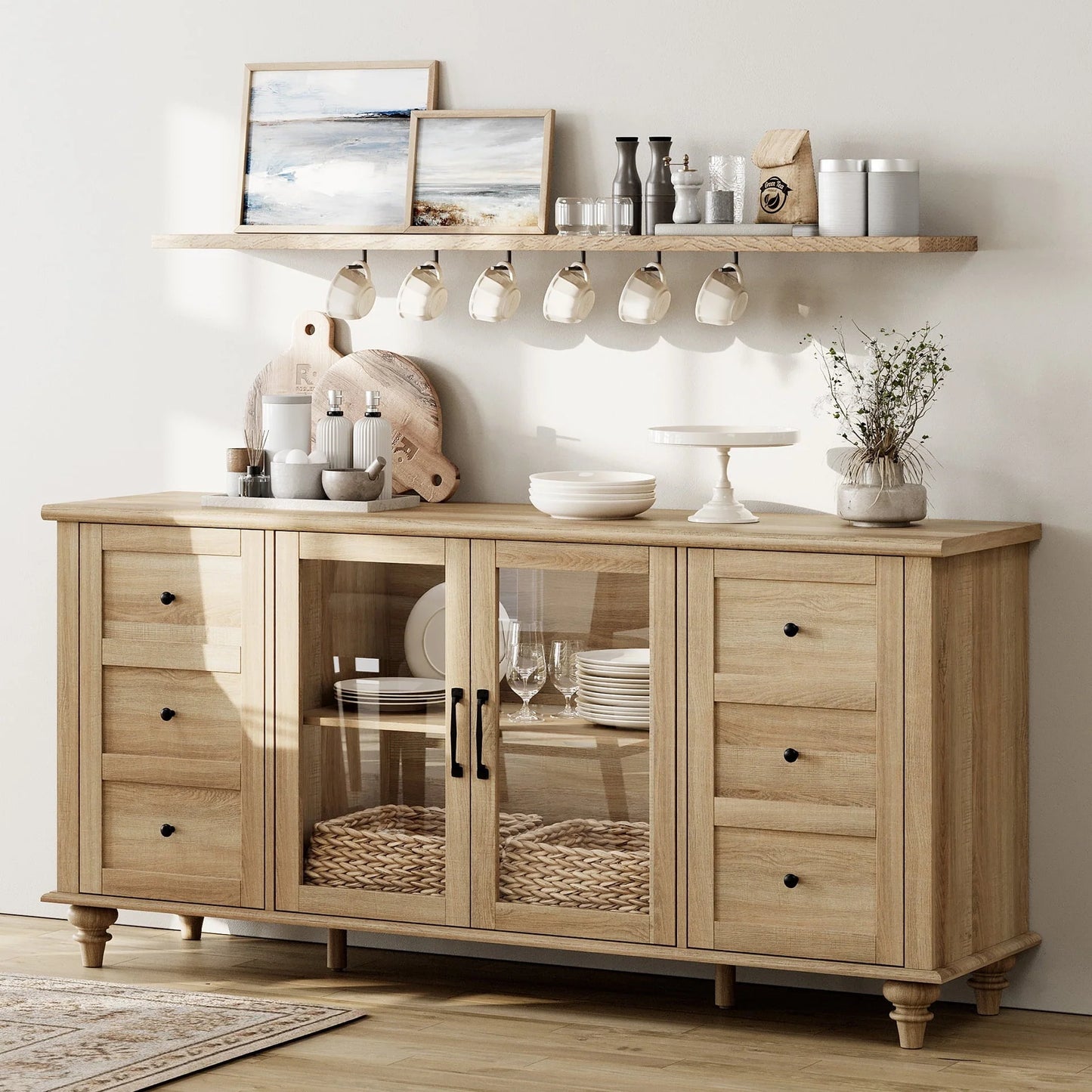WAMPAT Sideboard Buffet Cabinets with Glass Door, Kitchen Storage Cabinets, Wood Coffee Bar Tables, Accent Sideboard Storage Cabinet Table Dining Room, Living Room,Oak