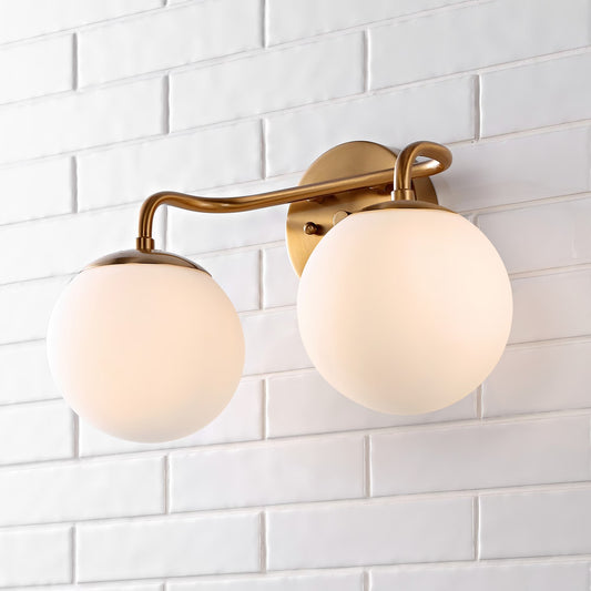 JONATHAN Y Louis Parisian Globe 15" 2-Light Metal/Frosted Glass Modern Contemporary LED Vanity, Brass Gold