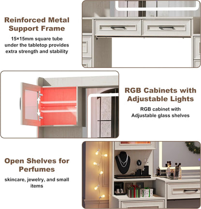 ChVans 62'' Large Vanity Desk with Tempered Glass Top & Charging Station, Farmhouse Makeup Vanity with 8 Storage Drawers & 2 LED Glass Storage Cabinets & 3 Lights Mode LED Mirror for Women Gift