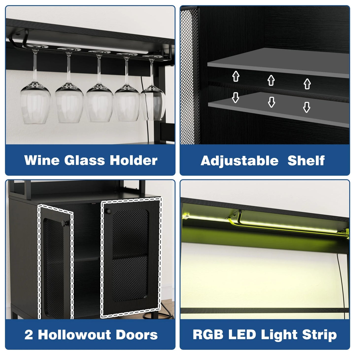 Homieasy Bar Cabinet with Power Outlets, 67" Tall Wine Cabinet Liquor Cabinet with LED Lights and Glass Holder, Coffee Bar Station for Kitchen, Dining Room, Living Room, Black