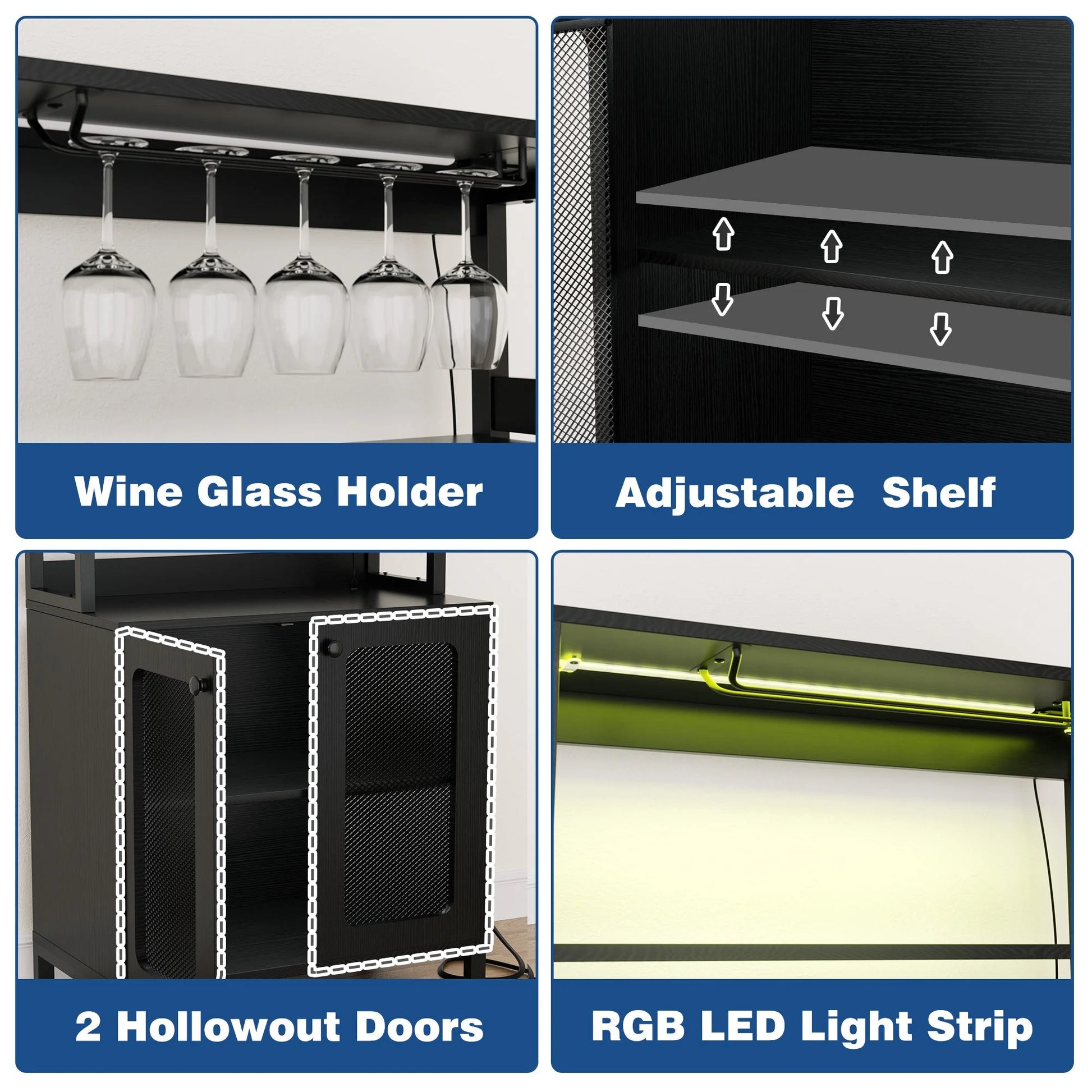 Homieasy Bar Cabinet with Power Outlets, 67" Tall Wine Cabinet Liquor Cabinet with LED Lights and Glass Holder, Coffee Bar Station for Kitchen, Dining Room, Living Room, Black