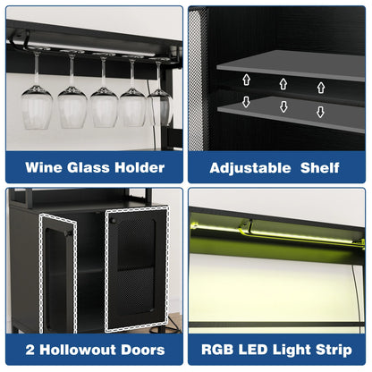 Homieasy Bar Cabinet with Power Outlets, 67" Tall Wine Cabinet Liquor Cabinet with LED Lights and Glass Holder, Coffee Bar Station for Kitchen, Dining Room, Living Room, Black