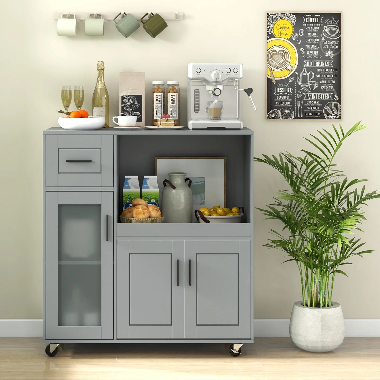 Topbuy Rolling Kitchen Island with Wheels Kitchen Cartwith Drawer and Glass Door Cabinet