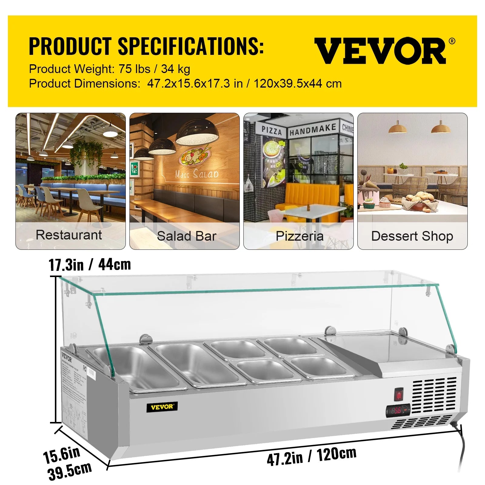 Refrigerated Condiment Prep Station, 48-inch, 10.8Qt Sandwich/Salad Prep Table w/3 1/3 Pans & 4 1/6 Pans, 146W Salad Bar w/304 Stainless Body Tempered Glass Shield Digital Panel Auto Defrost