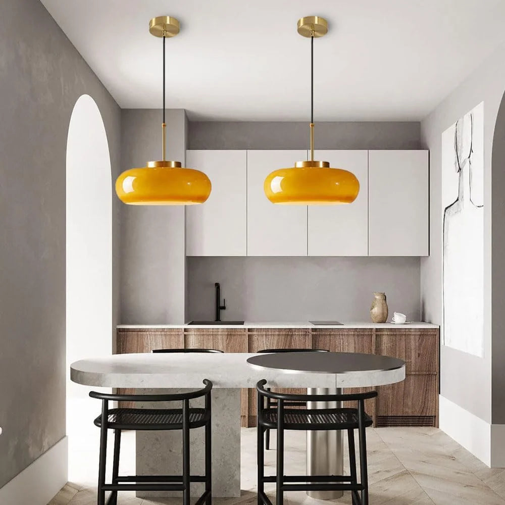 Arturesthome Ceiling Light Fixture Glass Lampshade Pendant Light with Brass Cover Amber Glass Hanging Lamp Vintage Yellow Glass Semi Flush Mount Ceiling Light for Princess Room Cloakroom