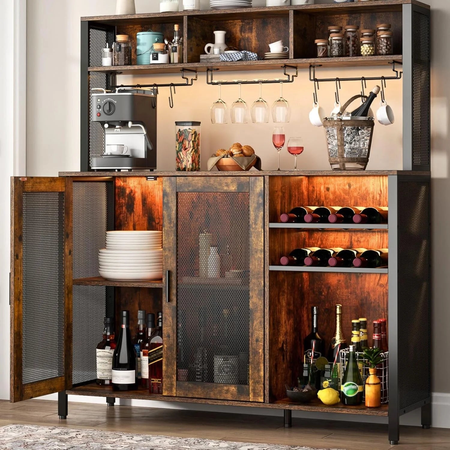 Wine Bar Cabinet with LED Lights, Rustic Brown Industrial Coffee Bar Station with Wine Rack, Glass Holder & 3 Storage Compartments, Liquor Buffet Sideboard for Kitchen & Dining Room