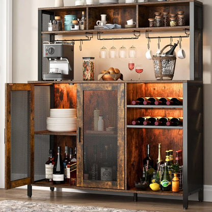 Wine Bar Cabinet with LED Lights, Rustic Brown Industrial Coffee Bar Station with Wine Rack, Glass Holder & 3 Storage Compartments, Liquor Buffet Sideboard for Kitchen & Dining Room