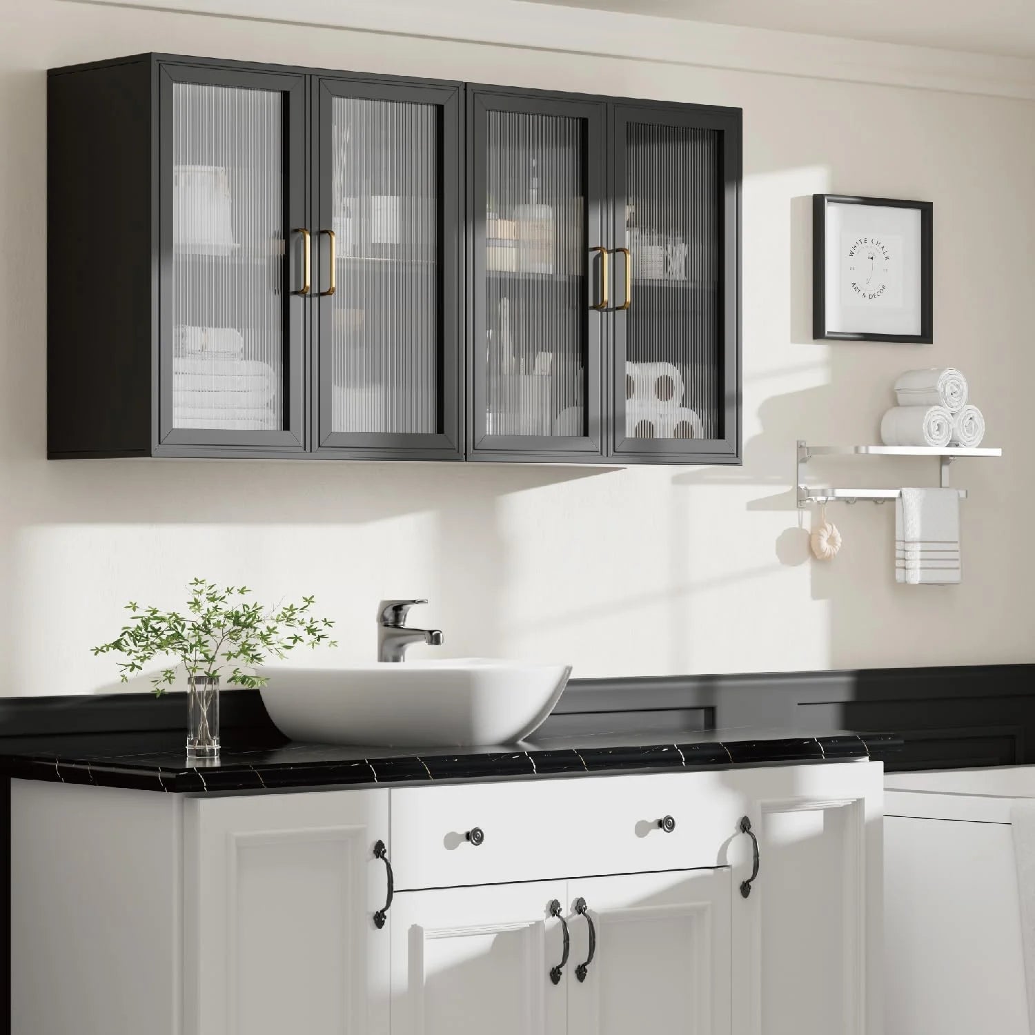 Wall Storage Cabinets - Led Upper Kitchen Laundry Wall Mounted Cabinets with Acrylic Glass 3 Doors and Shelves, 36'Wide