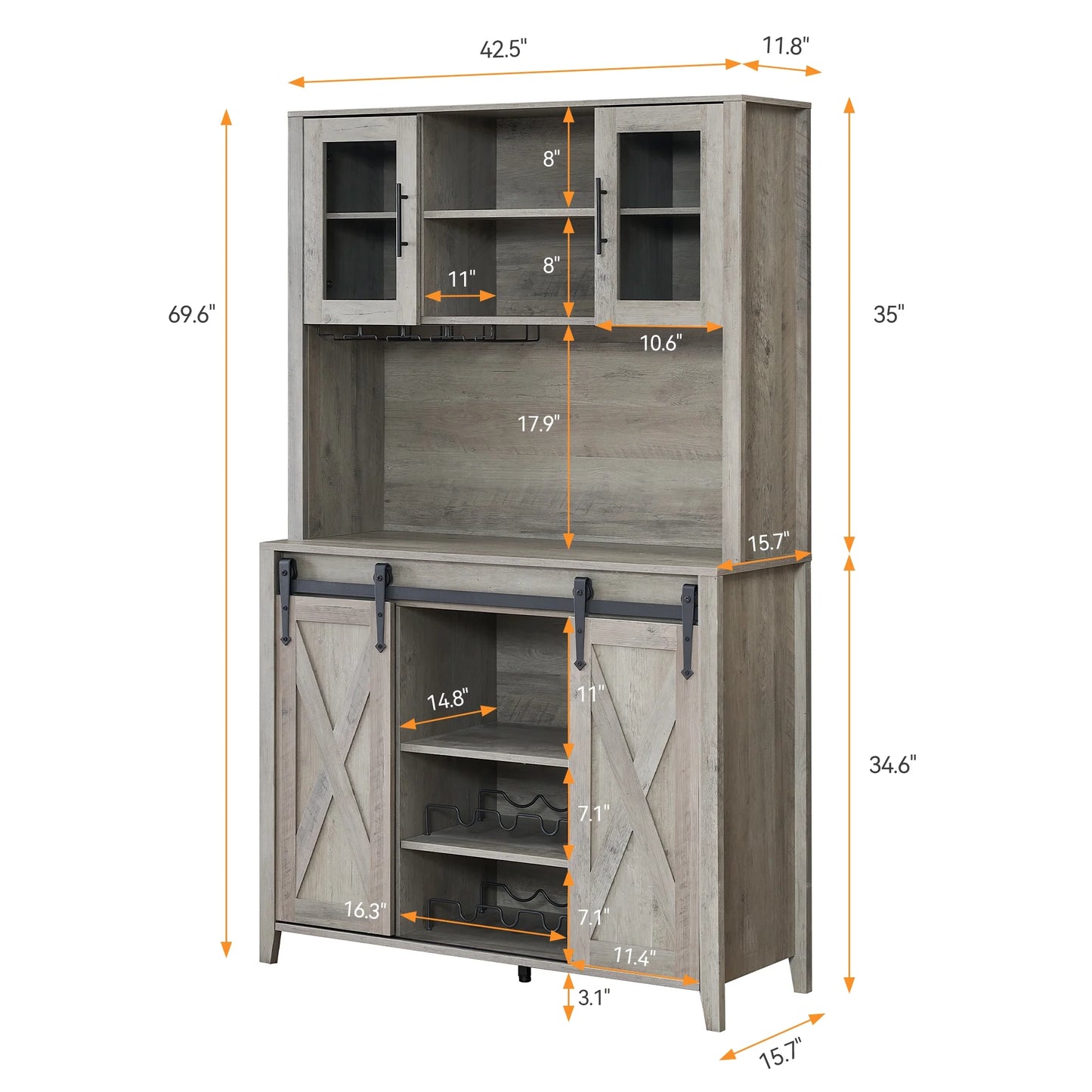 Farmhouse Bar Cabinet with Storage, Kitchen Buffet Cabinet with Sliding Barn Door and 3 Drawers, Coffee Bar with Wine and Glass Rack for Kitchen, Dining Room, White