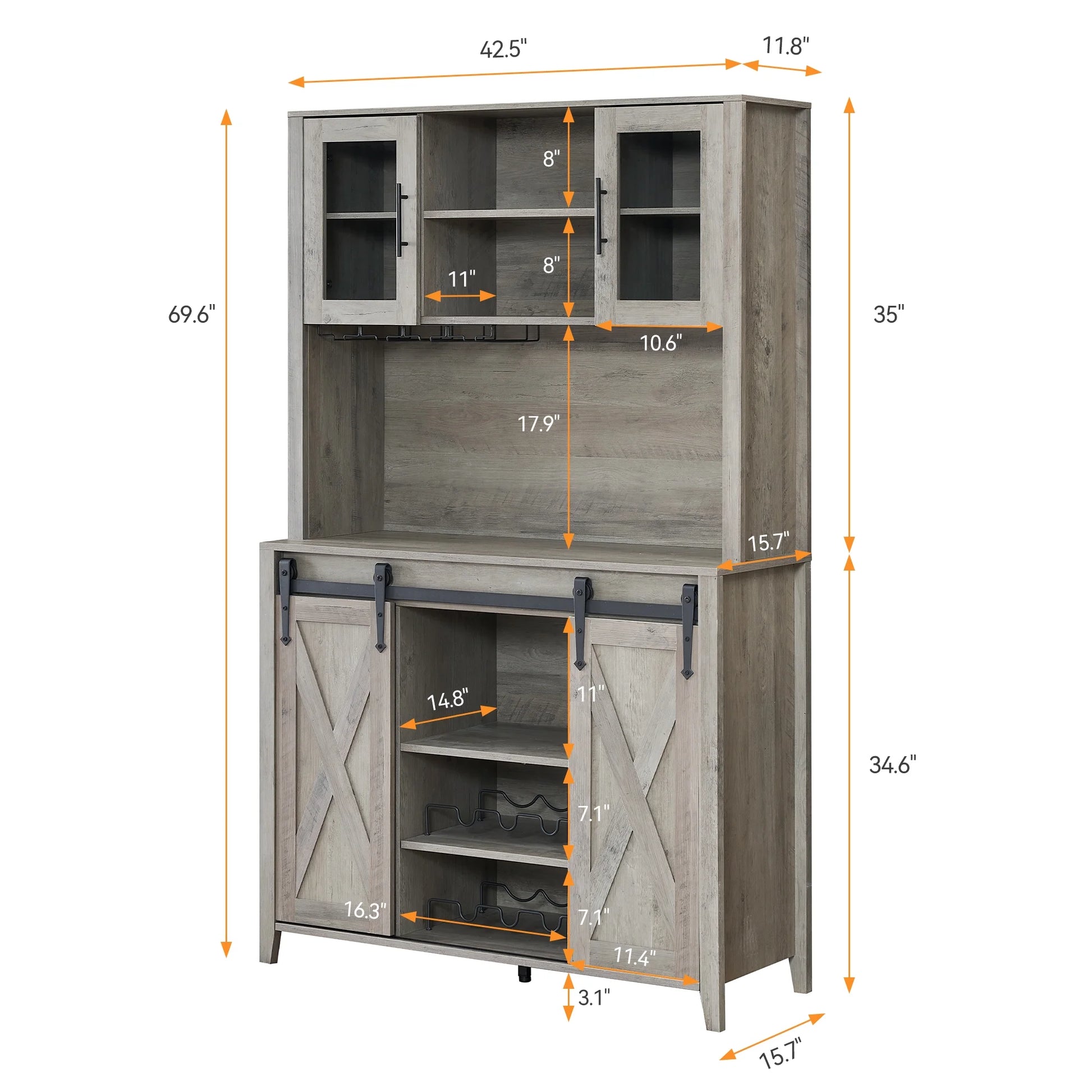 Farmhouse Bar Cabinet with Storage, Kitchen Buffet Cabinet with Sliding Barn Door and 3 Drawers, Coffee Bar with Wine and Glass Rack for Kitchen, Dining Room, White