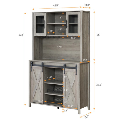Farmhouse Bar Cabinet with Storage, Kitchen Buffet Cabinet with Sliding Barn Door and 3 Drawers, Coffee Bar with Wine and Glass Rack for Kitchen, Dining Room, White
