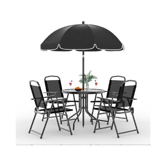 6 Pieces Outdoor Dining Set With Umbrella, Patio Table and 4 Folding Chairs With Umbrella, Garden Patio Furniture Set With Umbrellas, Tempered Glass Top Dining Table