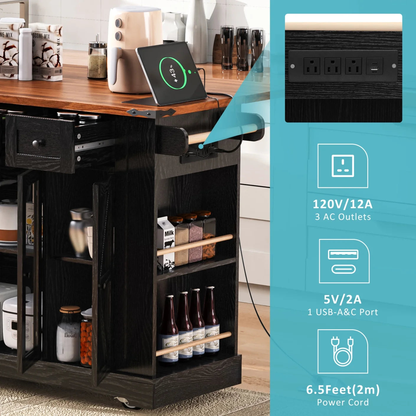 53'' Farmhouse Kitchen Island with Two Tempered Glass Cabinet Doors, Kitchen Rolling Island with Power Outlet 5 Open Side Racks and 3 Drawers,Mobile Island Table for Kitchen, Dining Room,Black