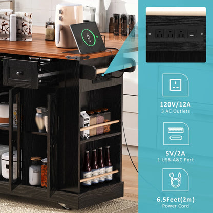 53'' Farmhouse Kitchen Island with Two Tempered Glass Cabinet Doors, Kitchen Rolling Island with Power Outlet 5 Open Side Racks and 3 Drawers,Mobile Island Table for Kitchen, Dining Room,Black