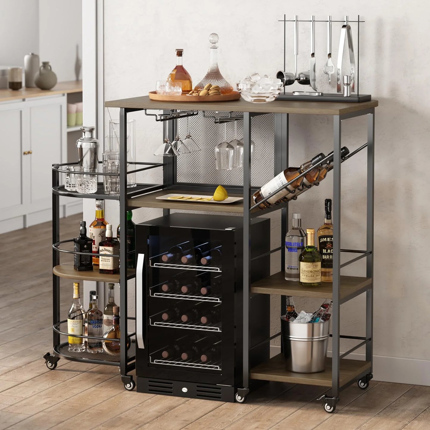 Bar Cart, Home Bar Service Cart with Wine Rack and Glass Holder, Kitchen Cart with Rolling Wheels, Metal Bar Rack with 7 Tiers Storage for Home, Kitchen, Living Room, Dining Room (Brown)