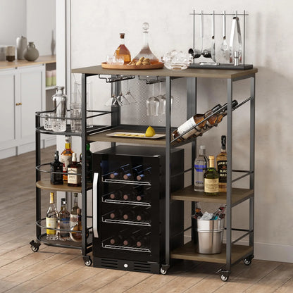 Bar Cart, Home Bar Service Cart with Wine Rack and Glass Holder, Kitchen Cart with Rolling Wheels, Metal Bar Rack with 7 Tiers Storage for Home, Kitchen, Living Room, Dining Room (Brown)