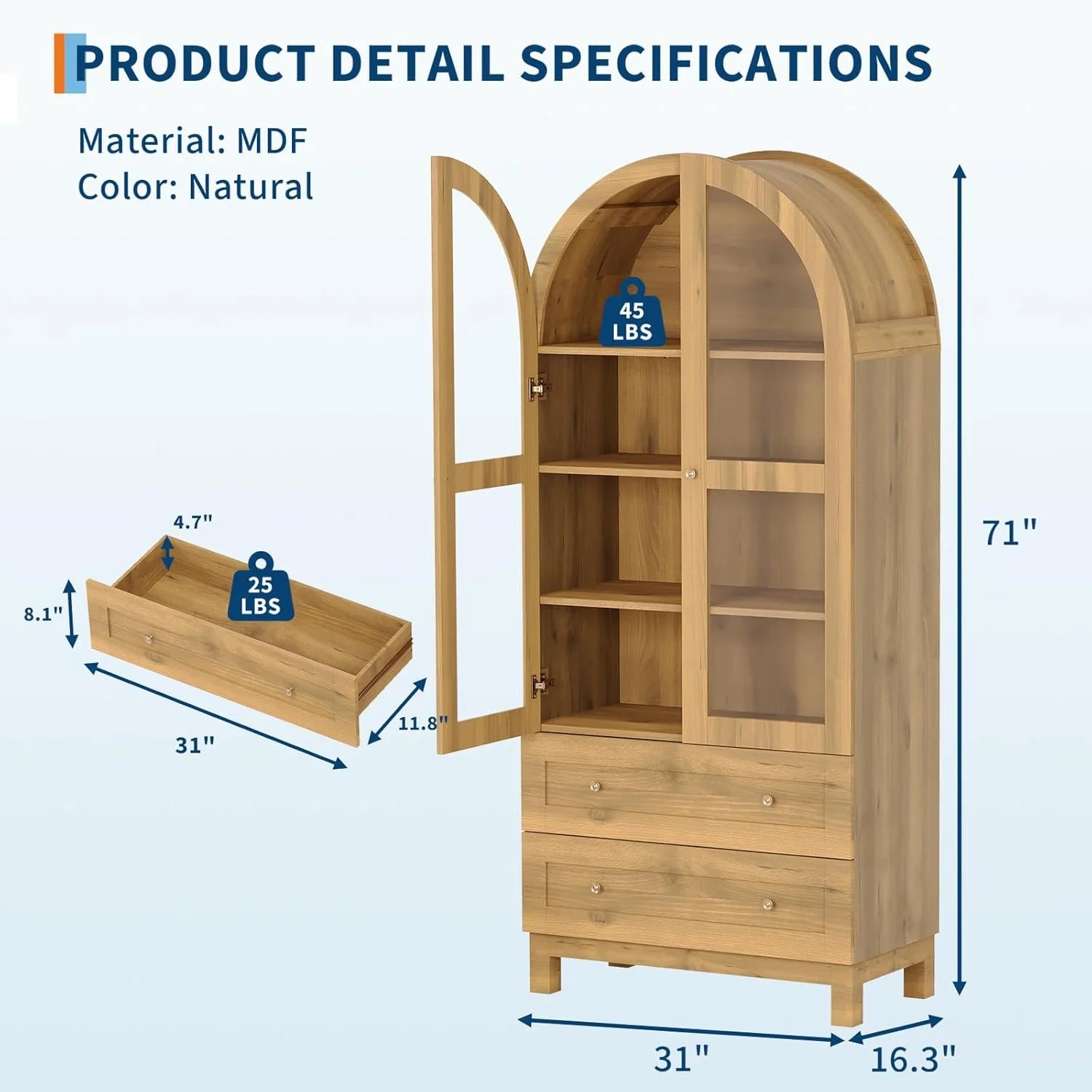 Litake 71" Tall Arched Bookshelf, Modern Bookcase with 2 Drawers, Glass Door and Adjustable Shelf, Wooden Display Cabinet, Versatile Bookshelf Kitchen Storage Pantry for Living Room, Bedroom- Natural
