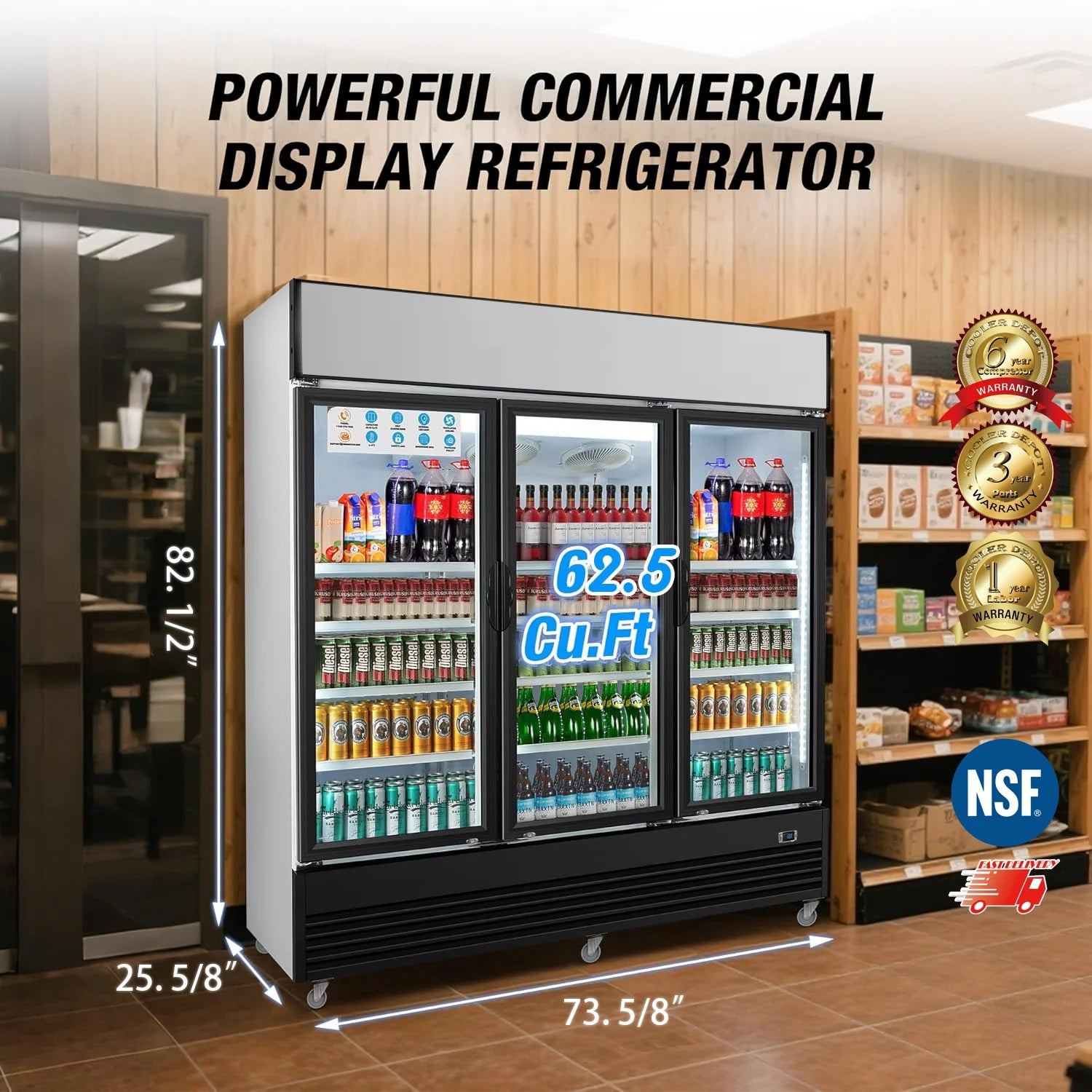 Commercial Merchandiser Refrigerator, 3 Glass Door, Beverage Cooler, 74" x 26" x 82", 62.5 Cu. Ft., NSF Certified